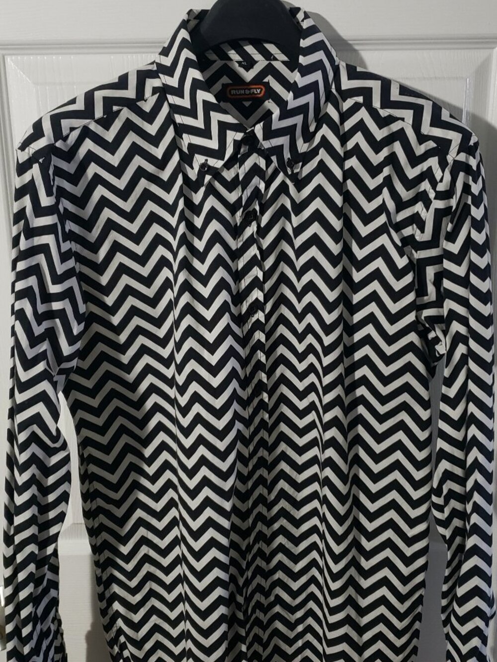 MENS 1960'S STYLE RUN & FLY BLACK ZIG ZAG BUTTON DOWN COLLAR SLIM FIT SHIRT XL
